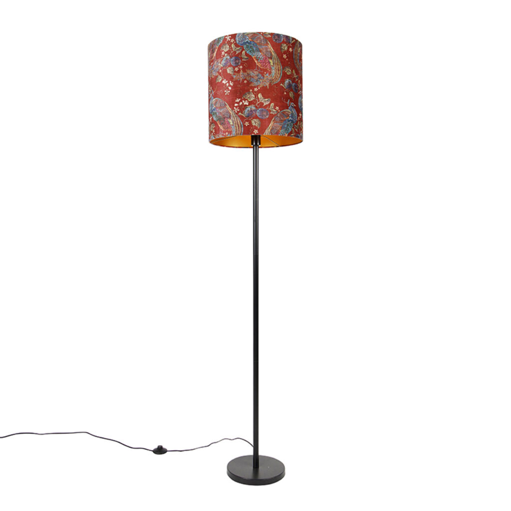 vloerlampen Vloerlamp zwart kap pauw dessin rood 40 cm Simplo StaalStof Rode print Een prachtige eyecatcher in de woonkamer of hal als binnenkomer deze