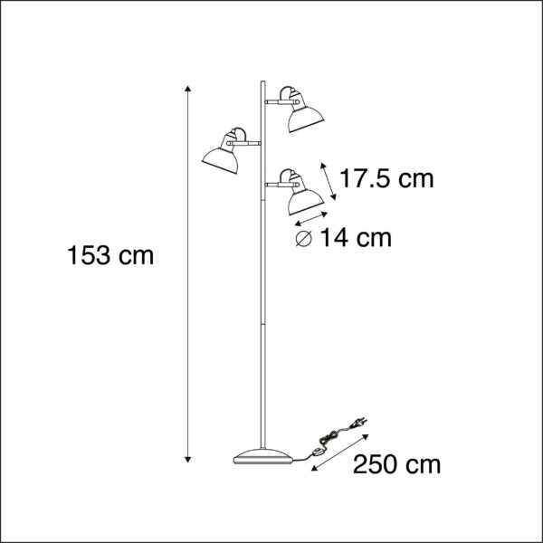 Industriële vloerlamp zwart met goud 3-lichts - Tommy - Afbeelding 3