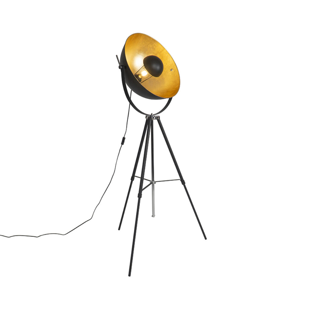 vloerlampen Vloerlamp zwart met goud 51 cm verstelbaar tripod Magnax Staal Zwart Een echte stoere vloerlamp is deze Magnax. Met zijn poot en matzwarte kleur het