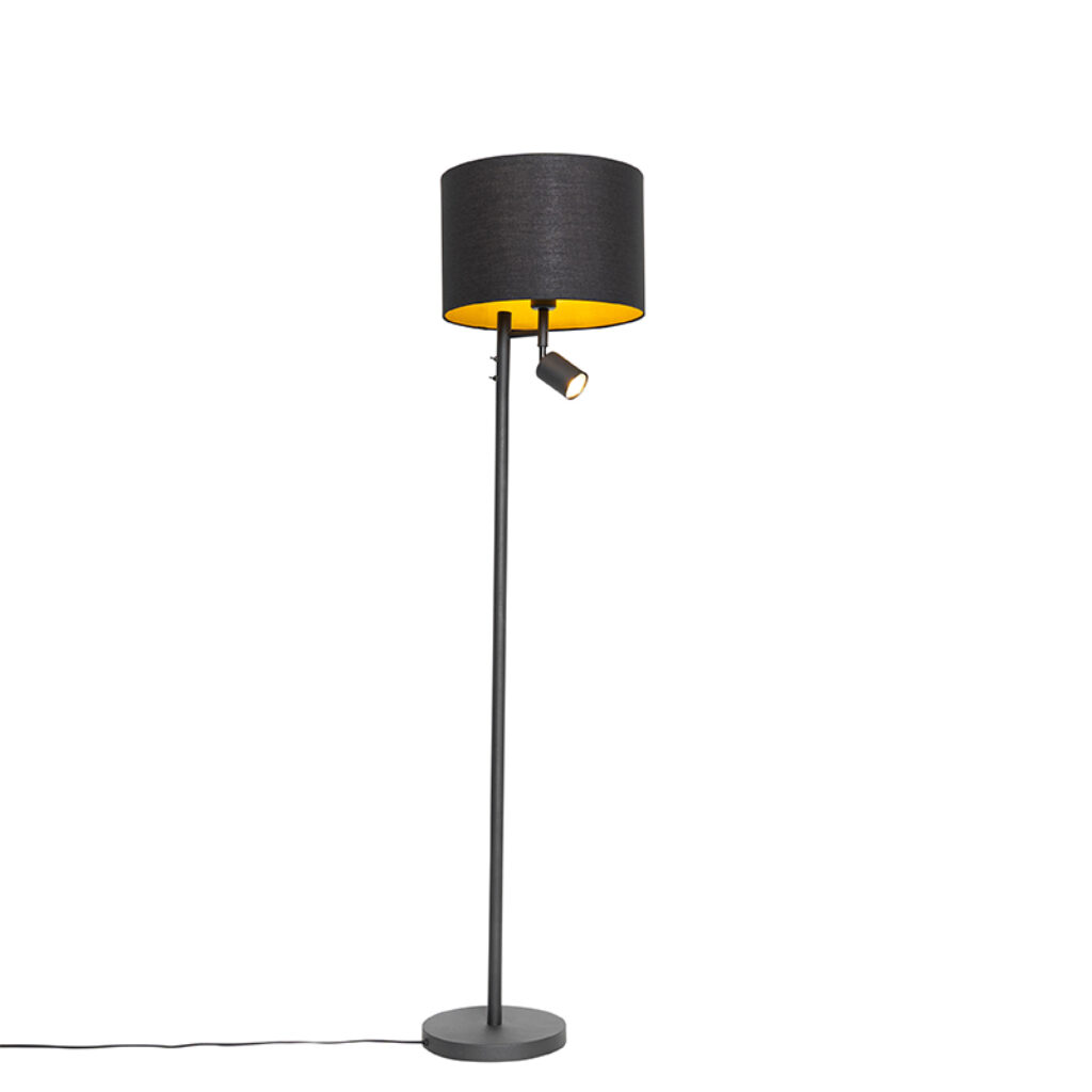 vloerlampen Vloerlamp zwart met gouden binnenkant en leeslamp Jelena StaalStof Haal een moderne vloerlamp in huis Jelena. Deze lamp is gemaakt van staal stof