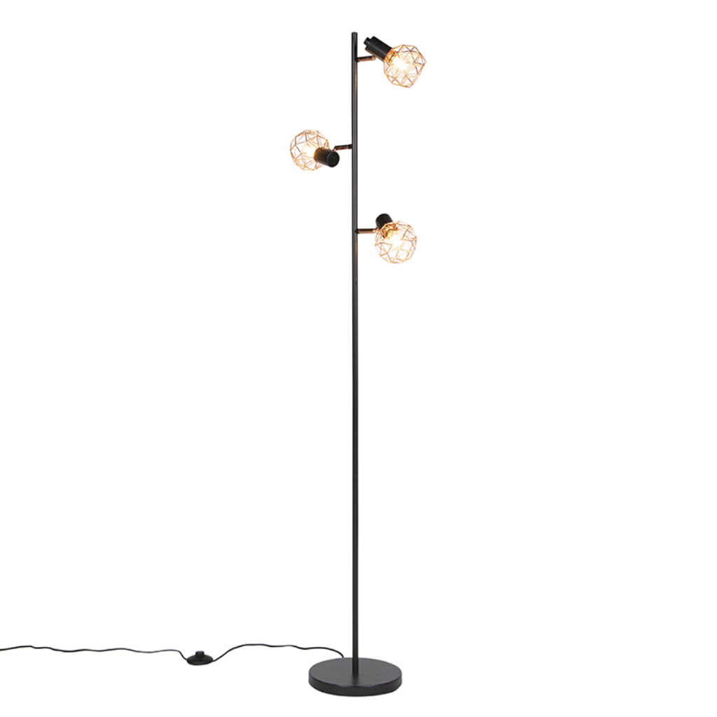 vloerlampen Vloerlamp zwart met koper Mesh Staal Koper Een echte trendsetter deze vloerlamp. Mooi afgewerkt in zwarte armatuur. De vloerlamp is een eye catcher