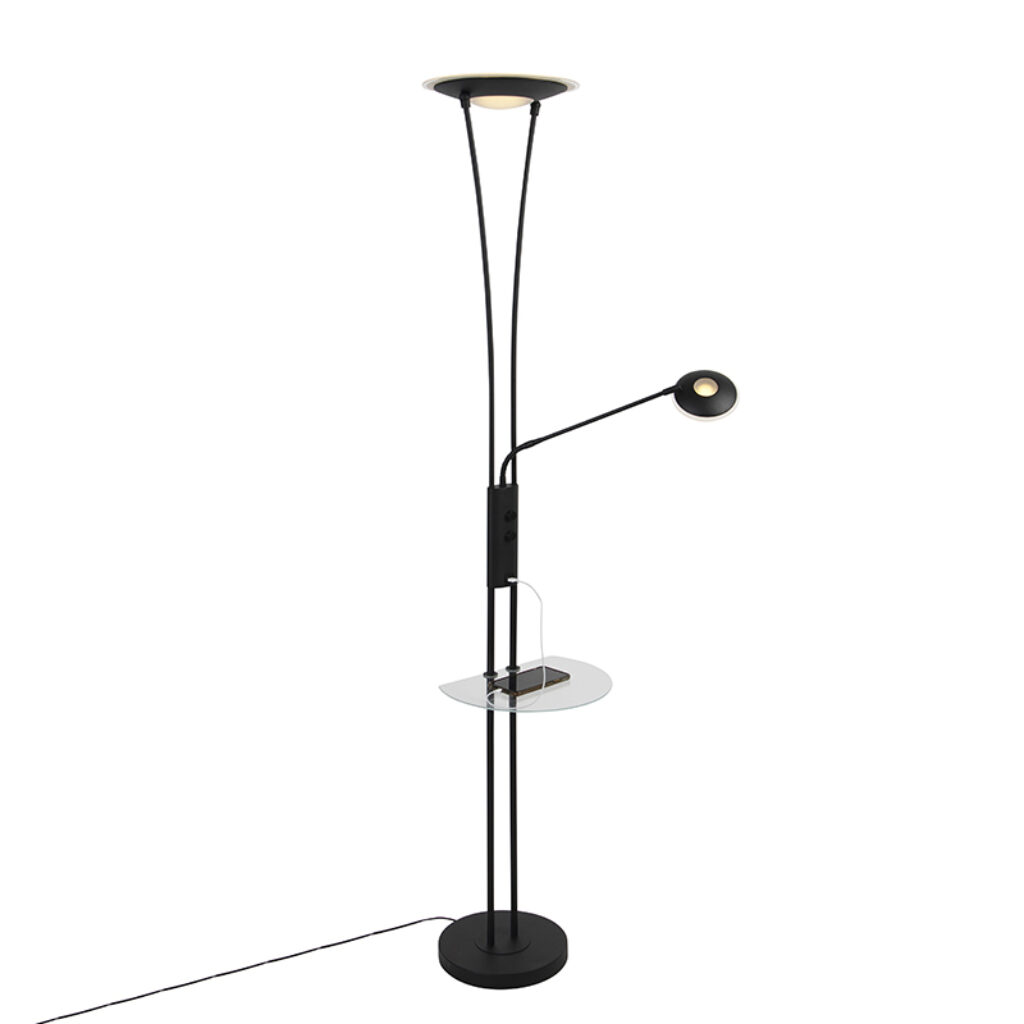 vloerlampen Vloerlamp zwart met leesarm incl. LED en Sevilla StaalGlas Zwart Zeer functionele vloerlamp aansluiting voor USB het opladen van je tablet Onze