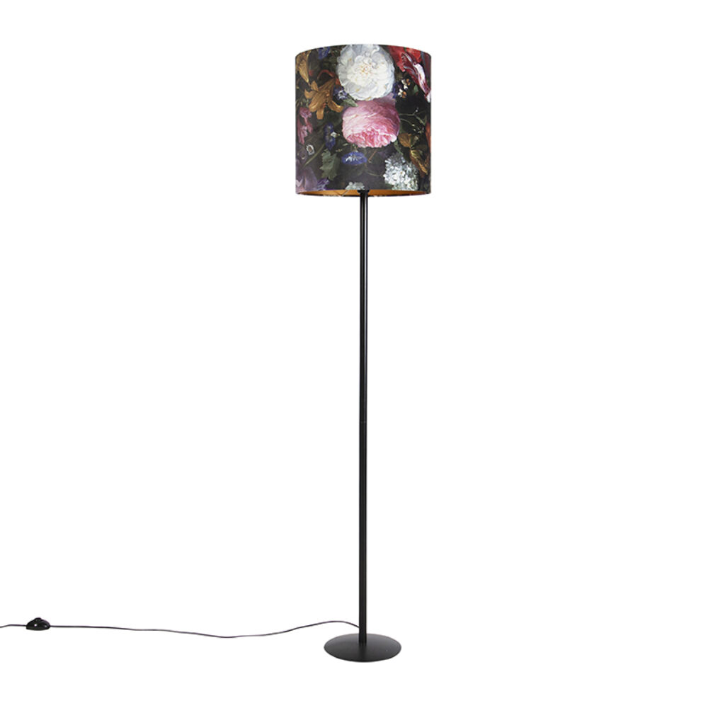 vloerlampen Vloerlamp zwart met velours kap bloemen dessin 40 cm Simplo StofStaal Multicolor Hou jij wel van een romantische touch in je Dan is deze leuke