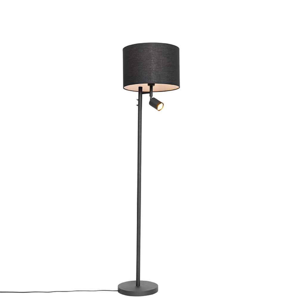 vloerlampen Vloerlamp zwart met witte binnenkant en leeslamp Jelena StaalStof Zwart Haal een moderne vloerlamp in huis Jelena. Deze lamp is gemaakt van staal