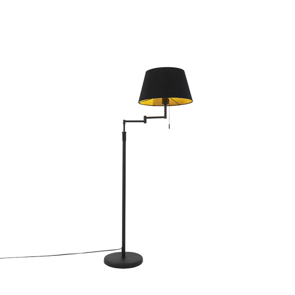 vloerlampen Vloerlamp zwart met zwarte kap en verstelbare arm Ladas Deluxe StaalStof Zwart is een klassieke vloerlamp die perfect past in modern interieur. De