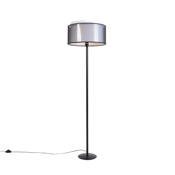 vloerlampen Zwarte vloerlamp met duo kap 47 cm Simplo StaalStof Zwart Een moderne afgewerkt in zwart metaal. Voorzien van een elegante en zwarte over elkaar