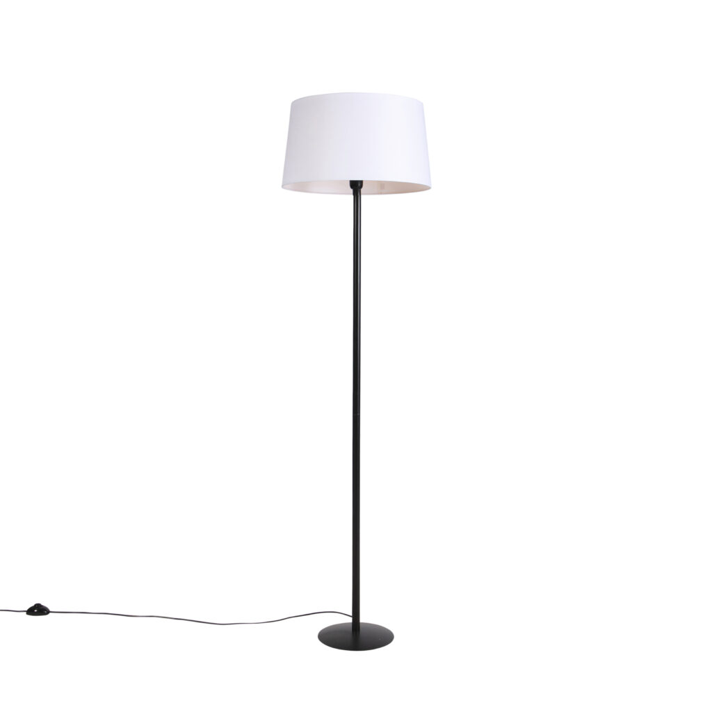 vloerlampen Zwarte vloerlamp met linnen kap wit 45 cm Simplo LinnenStaal Wit Een moderne afgewerkt in zwart metaal. De witte lampenkap geeft een strakke look