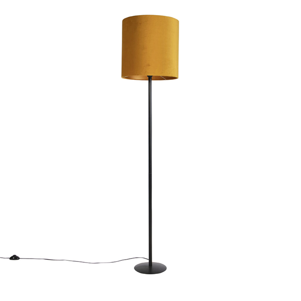 vloerlampen Zwarte vloerlamp met velours kap oker goud 40 cm Simplo StofStaal Geel Een romantische lamp in huis deze Hij is 179 hoog een eyecatcher De voet
