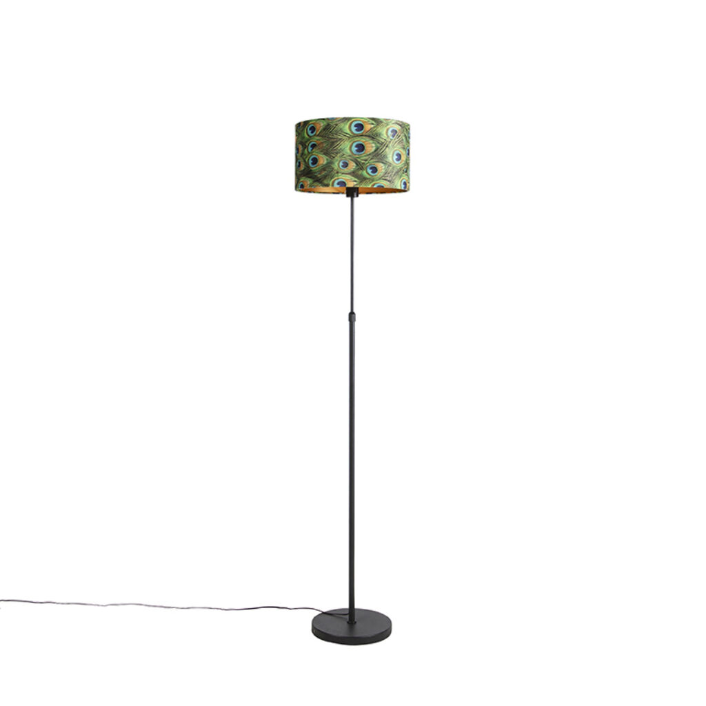 vloerlampen Zwarte vloerlamp met velours kap pauw goud 35 cm Parte StofStaal Pauw veren print Hou jij wel van een klassieke touch in je Dan is deze echt iets