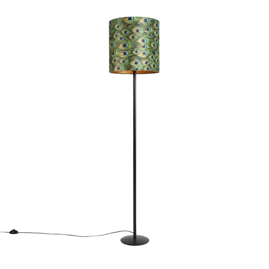 vloerlampen Zwarte vloerlamp met velours kap pauw goud 40 cm Simplo StofStaal Pauw veren print Een moderne afgewerkt in zwart metaal. De lampenkap mooi pauwen