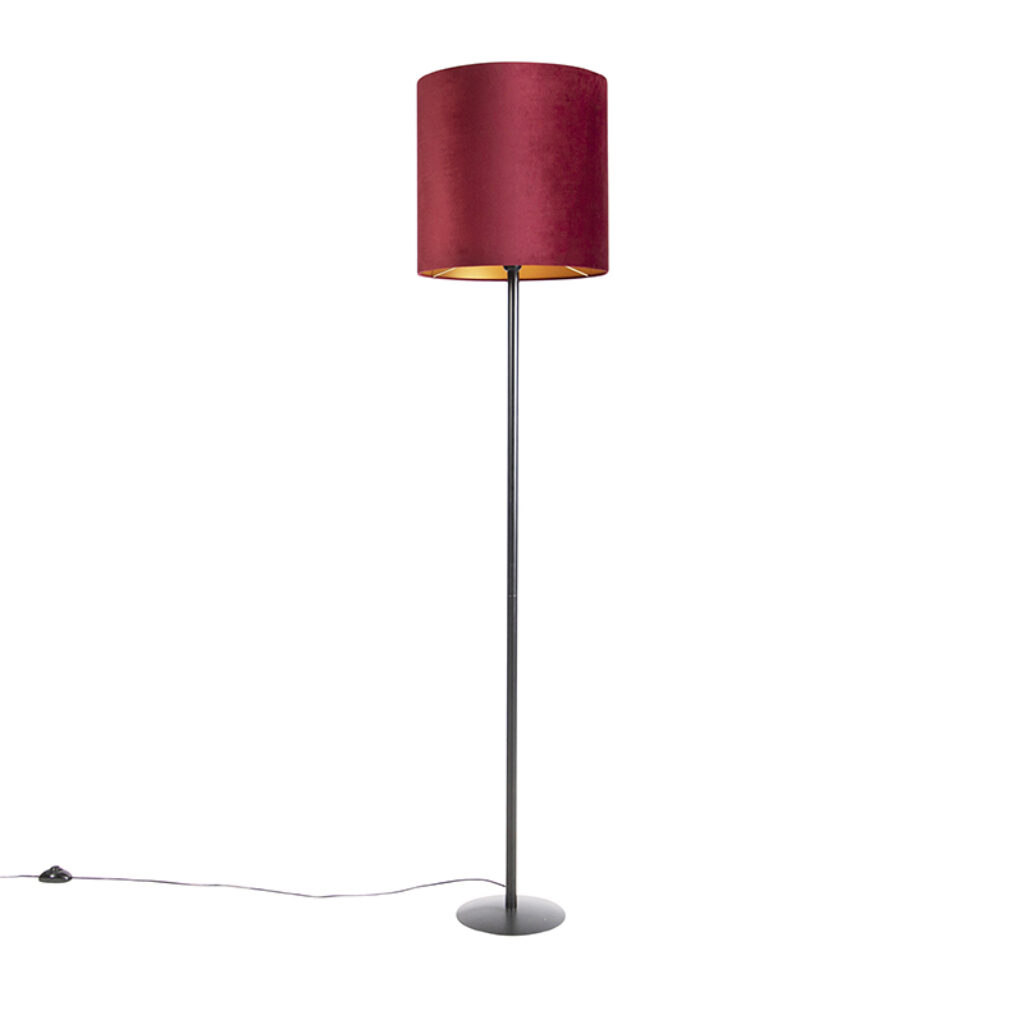 vloerlampen Zwarte vloerlamp met velours kap rood goud 40 cm Simplo StofStaal Rood Een moderne afgewerkt in zwart metaal. De bordeaux rode lampenkap geeft een