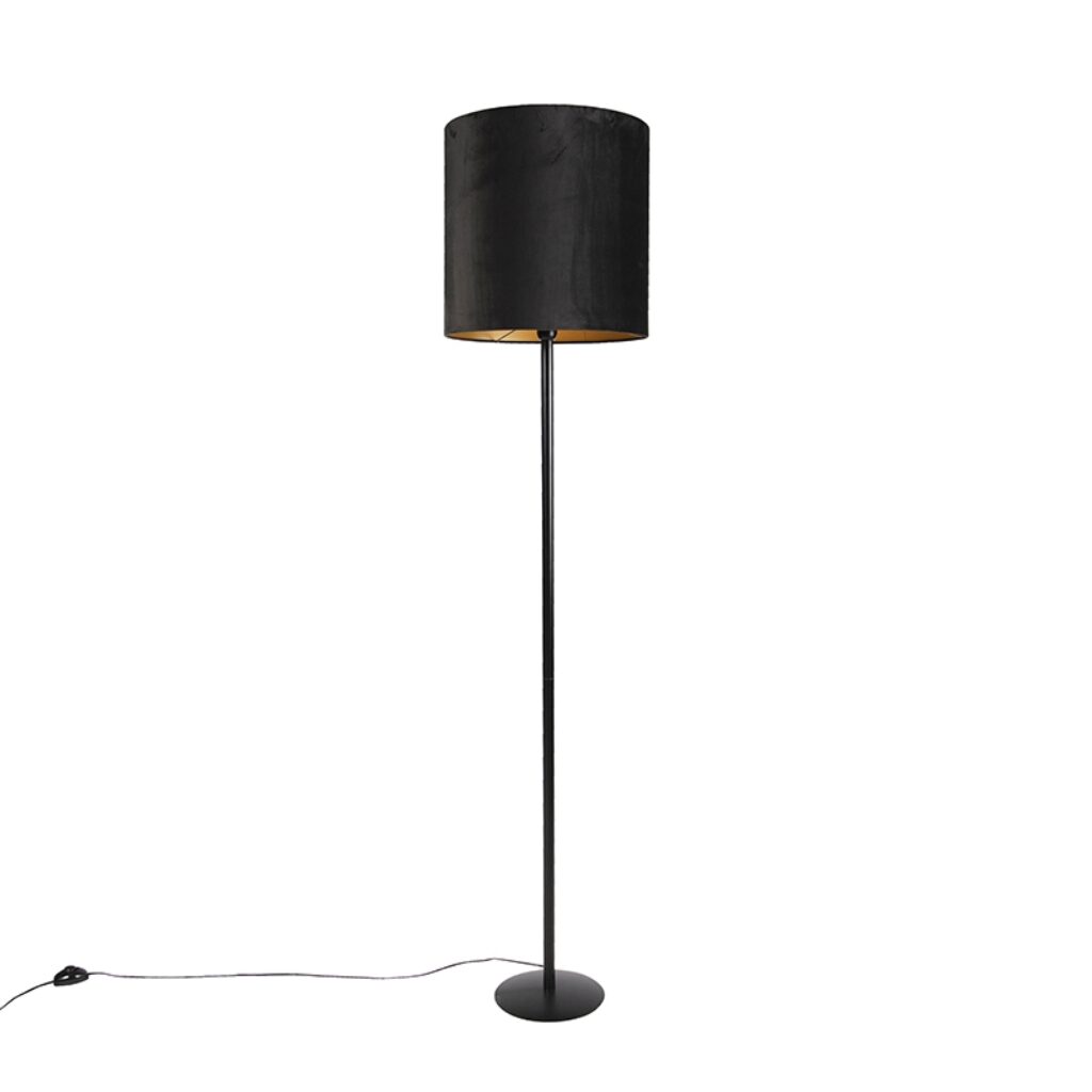 vloerlampen Zwarte vloerlamp met velours kap zwart goud 40 cm Simplo StofStaal Zwart Een moderne afgewerkt in metaal zwarte lampenkap. De gouden binnenkant van