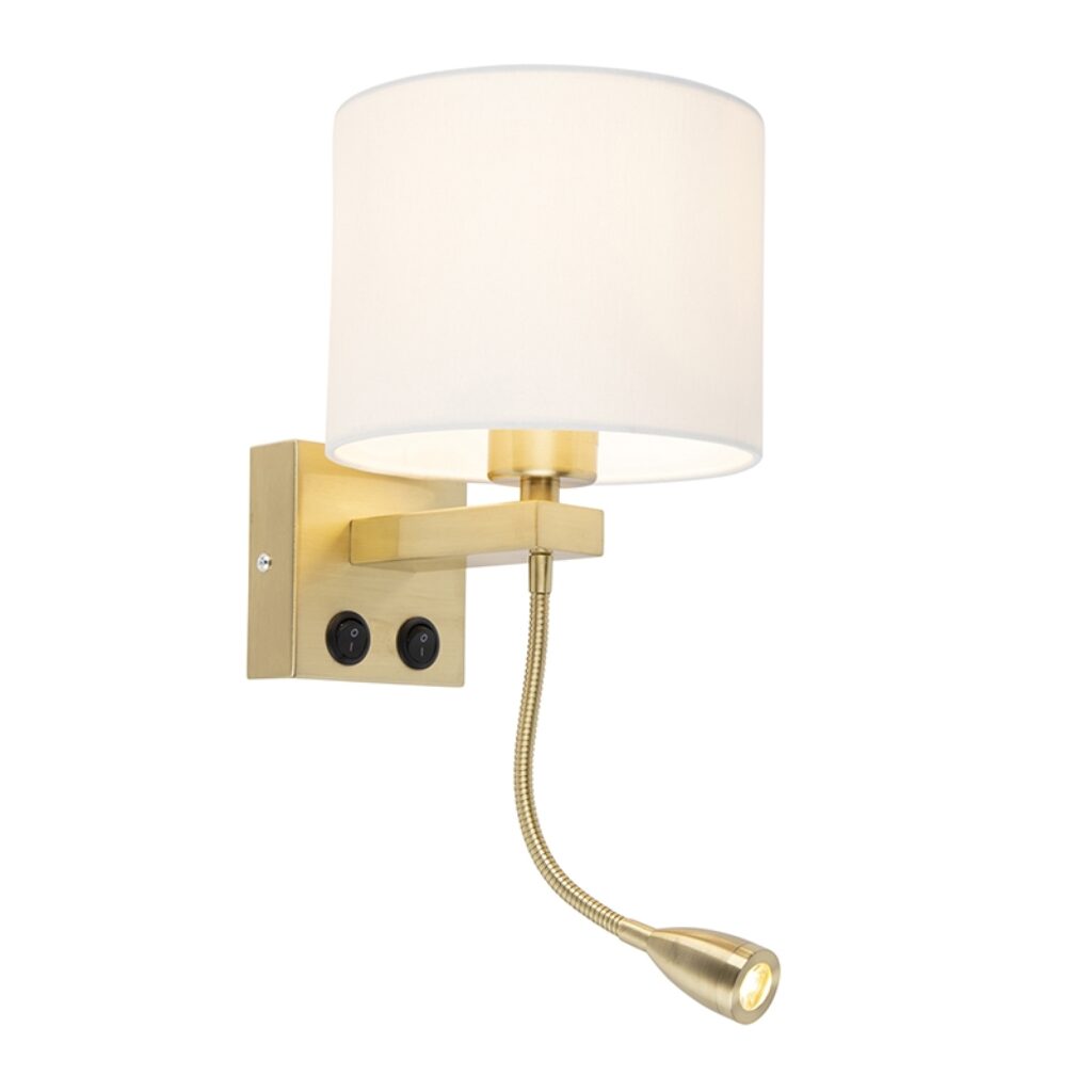 wandlampen Art deco wandlamp goud met witte kap Brescia MetaalStof Wit go Deze is perfect om je muur een romantische look te geven. Het praktische en stijlvolle