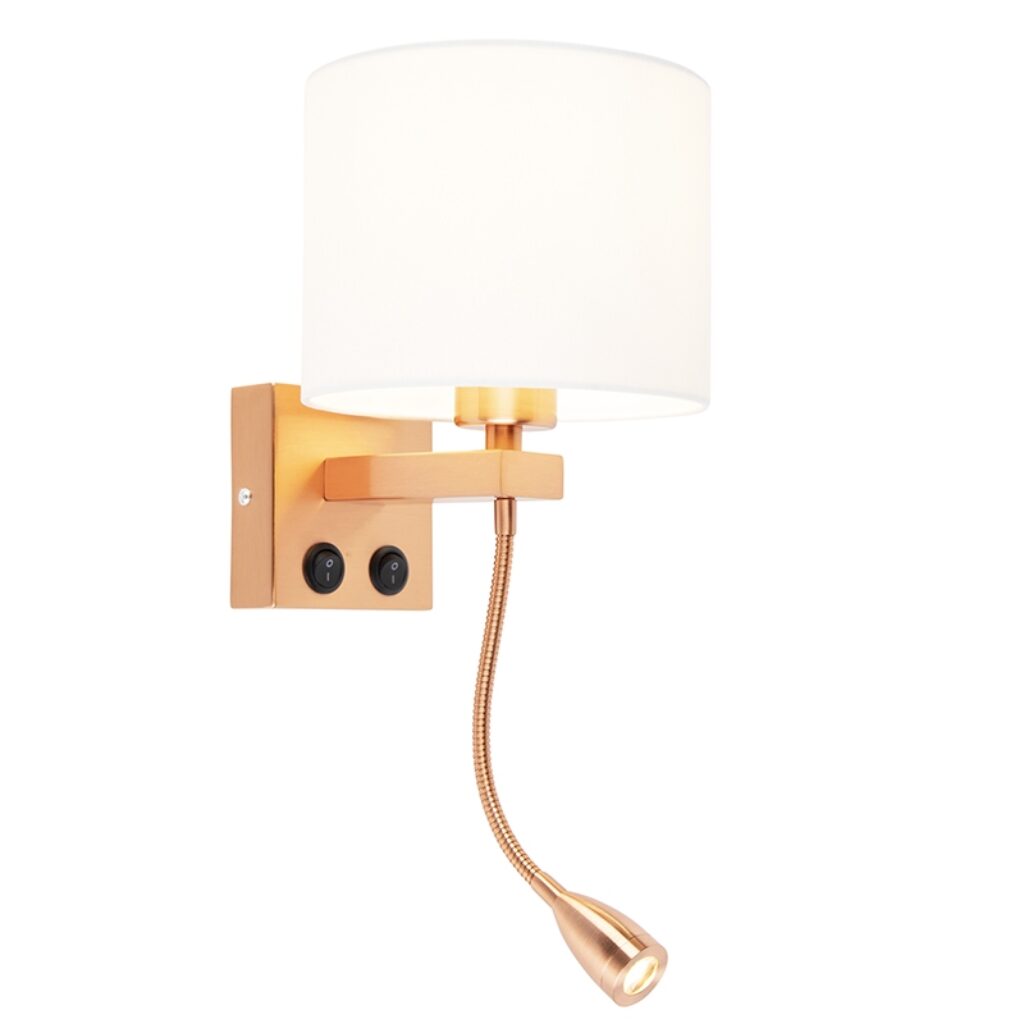 wandlampen Art deco wandlamp koper met witte kap Brescia MetaalStof Wit go Deze is perfect om je muur een romantische look te geven. Het praktische en