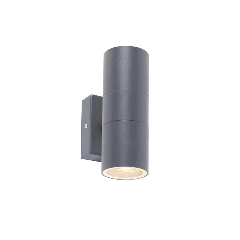 wandlampen buiten Buitenwandlamp donkergrijs IP44 Duo Roestvrij staal Donkergrijs Deze wandlamp is een super functionele buitenlamp met strakke vormgeving