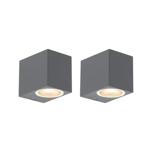 wandlampen buiten Set van 2 moderne donkergrijs IP44 Baleno Aluminium Donkergrijs De I is een echte eyecatcher voor in en om je huis. Hij geeft fraai