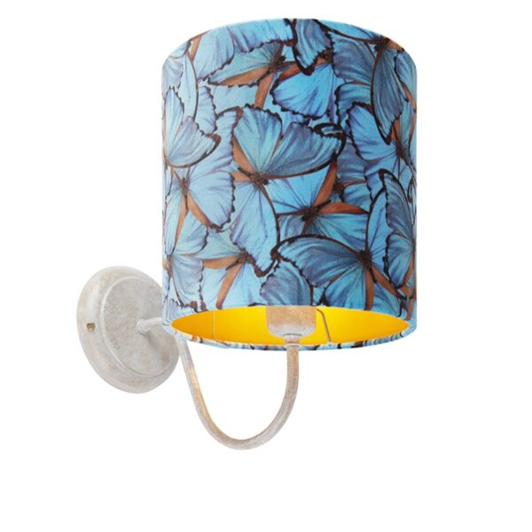wandlampen Klassieke wandlamp wit met vlinder velours kap Matt MetaalStof Blauw go Deze cilindervormige is perfect om je muur een vintage look te geven. Het