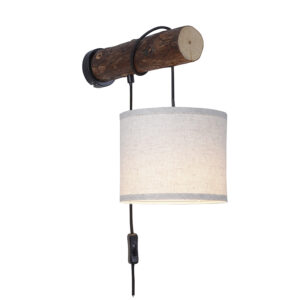 wandlampen Landelijke wandlamp hout met witte kap schakelaar Oriana KunststofStaal Bruin Deze is perfect voor een landelijk bruin beige lamp gemaakt van