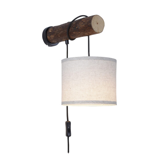 wandlampen Landelijke wandlamp hout met witte kap schakelaar Oriana KunststofStaal Bruin Deze is perfect voor een landelijk bruin beige lamp gemaakt van