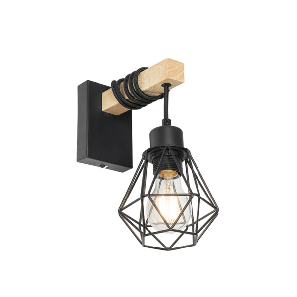 wandlampen Landelijke wandlamp zwart met hout Chon Staal Zwart Wat een schattige is deze Chon. Door de combinatie van staal krijgt hij landelijke uitstraling en