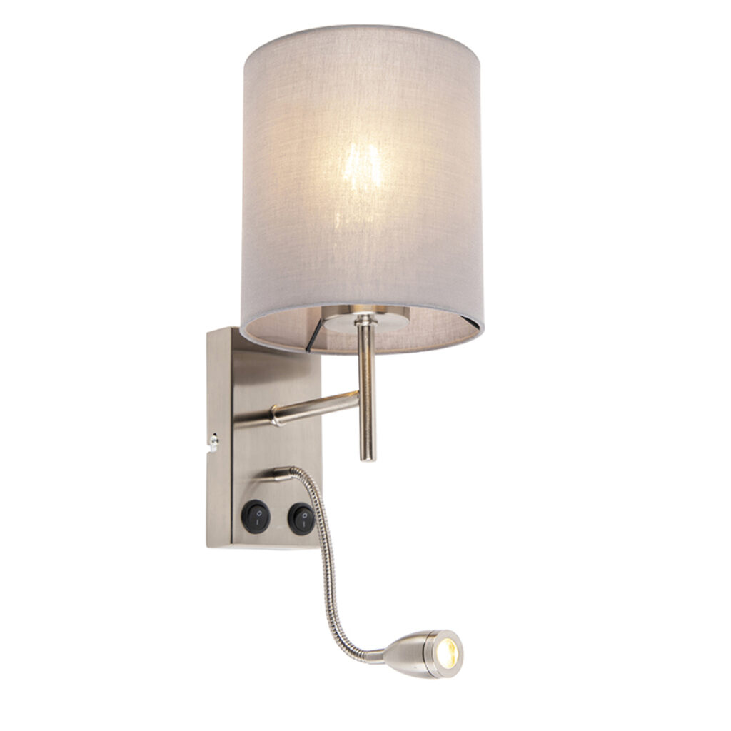 wandlampen Moderne wandlamp staal met katoenen grijze kap Stacca StaalKatoen Staal Een moderne touch in huis dat kan deze Stacca. Deze is perfect om je muur een