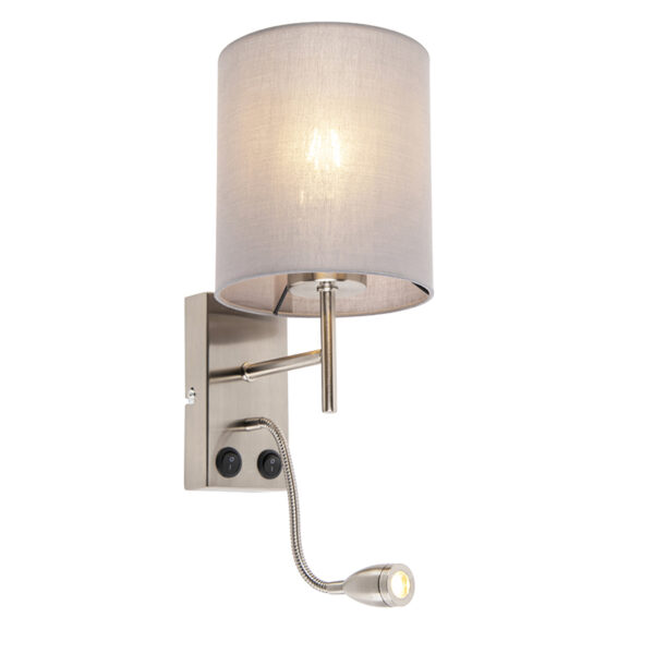 wandlampen Moderne wandlamp staal met katoenen grijze kap Stacca StaalKatoen Staal Een moderne touch in huis dat kan deze Stacca. Deze is perfect om je muur een