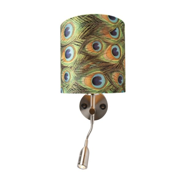 Moderne wandlamp staal met leeslamp en kap velours 20/20/20 pauw - goud - Afbeelding 2