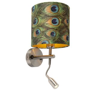 wandlampen Moderne wandlamp staal met leeslamp en kap velours pauw goud MetaalStof Groen go Deze is perfect om je muur een moderne look te geven. Het praktische