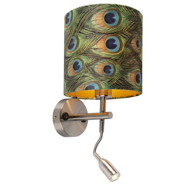 wandlampen Moderne wandlamp staal met leeslamp en kap velours pauw goud MetaalStof Groen go Deze is perfect om je muur een moderne look te geven. Het praktische