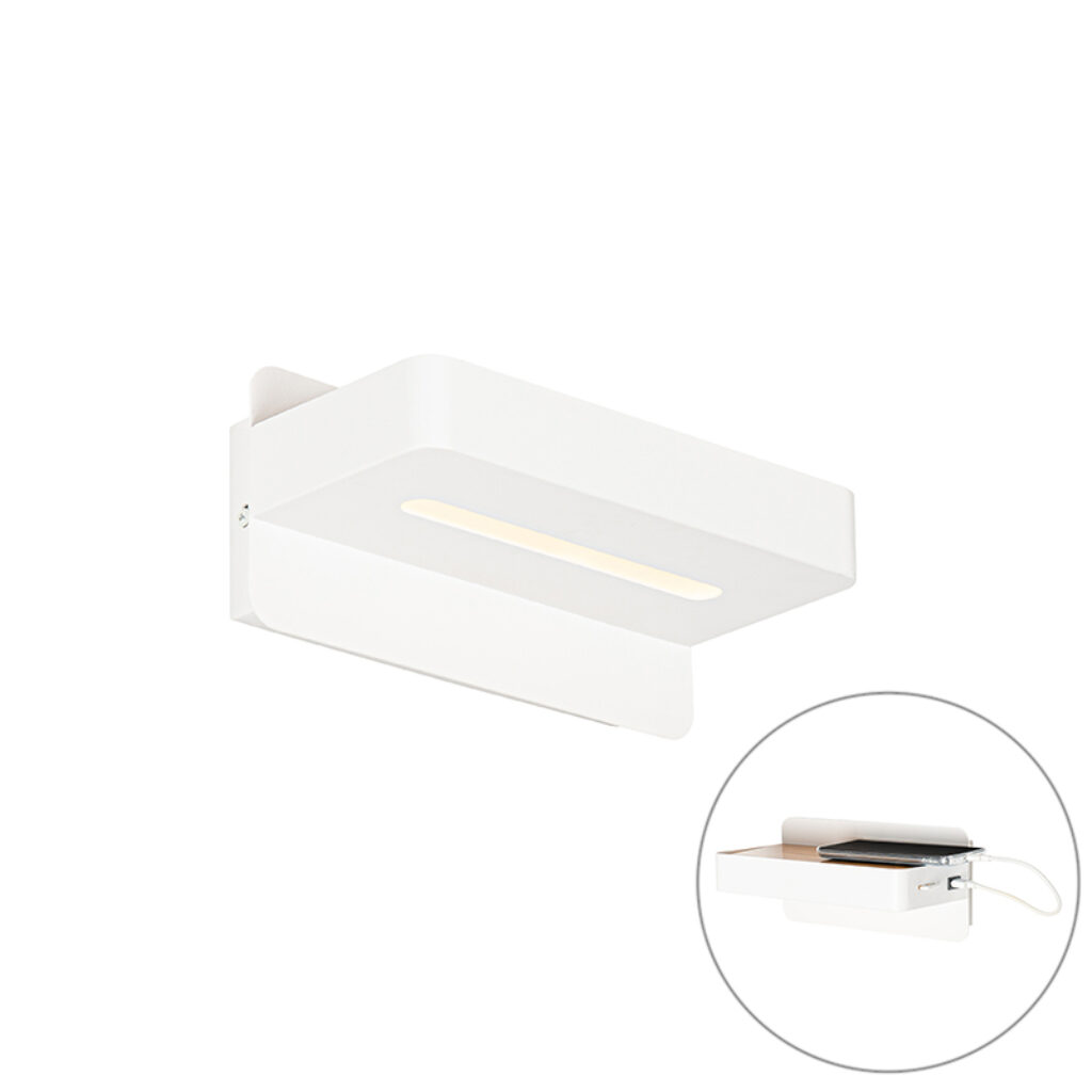 wandlampen Moderne wandlamp wit incl. LED met USB en schakelaar Ted HoutStaal Wit Deze moderne is niet alleen super handig als extra licht voor in de kamer maar