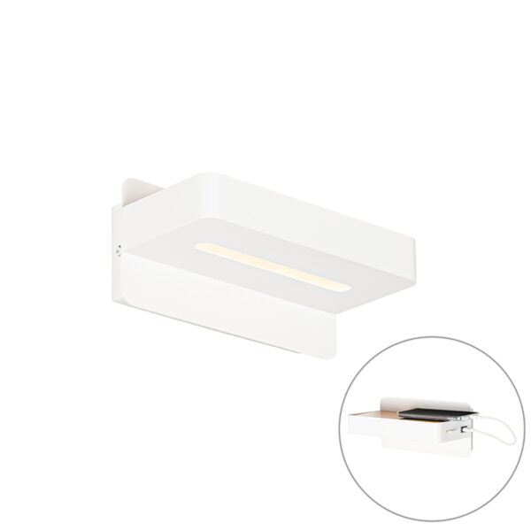 wandlampen Moderne wandlamp wit incl. LED met USB en schakelaar Ted HoutStaal Wit Deze moderne is niet alleen super handig als extra licht voor in de kamer maar