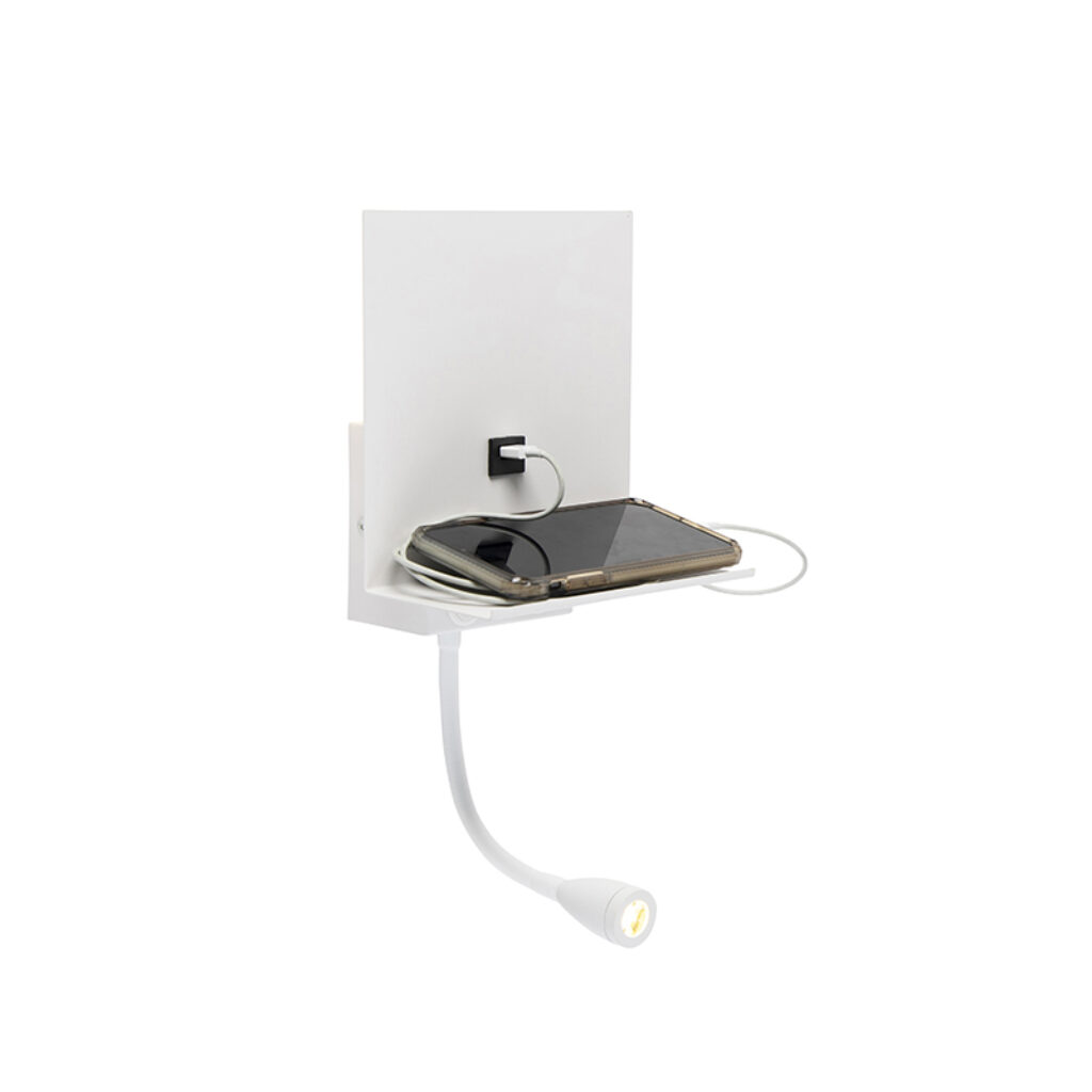 wandlampen Moderne wandlamp wit met USB en flexarm Flero Staal Wit Een multifunctionele deze Flero. Deze lamp is afgewerkt in een witte kleur aansluiting voor