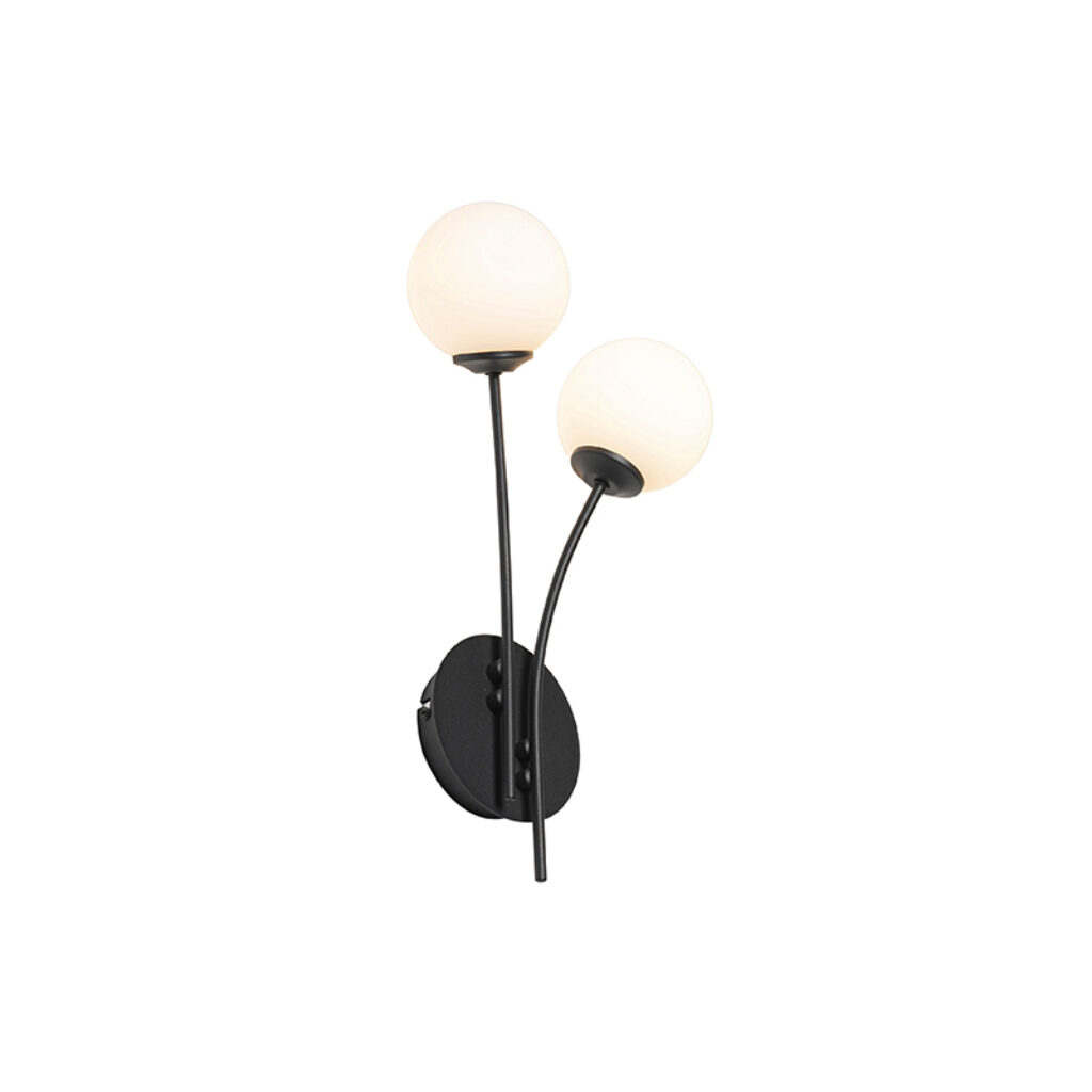 wandlampen Moderne wandlamp zwart met opaal glas Athens StaalGlas Wit Wat een schattig is Door zijn opale rond kap verspreidt het licht zich geleidelijk door de