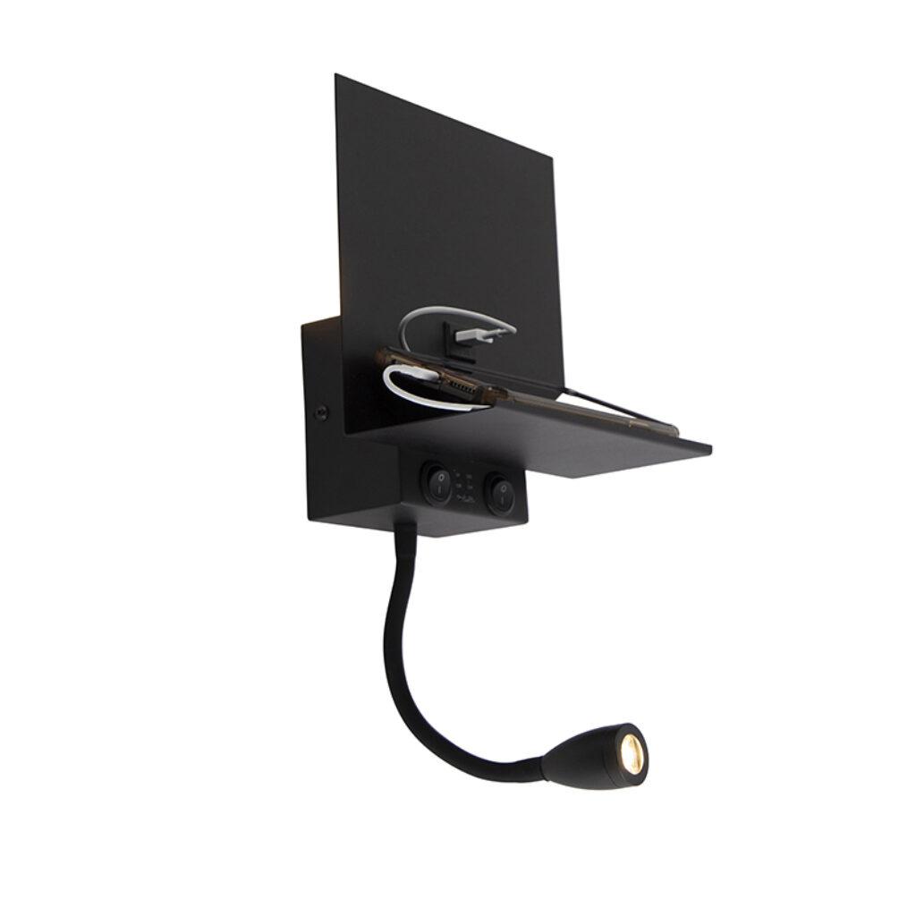 wandlampen Moderne wandlamp zwart met USB en flexarm Flero Staal Zwart Een multifunctionele deze Flero. Deze lamp is afgewerkt metaal aansluiting voor het