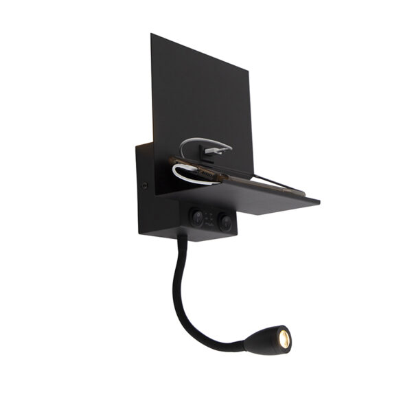 wandlampen Moderne wandlamp zwart met USB en flexarm Flero Staal Zwart Een multifunctionele deze Flero. Deze lamp is afgewerkt metaal aansluiting voor het