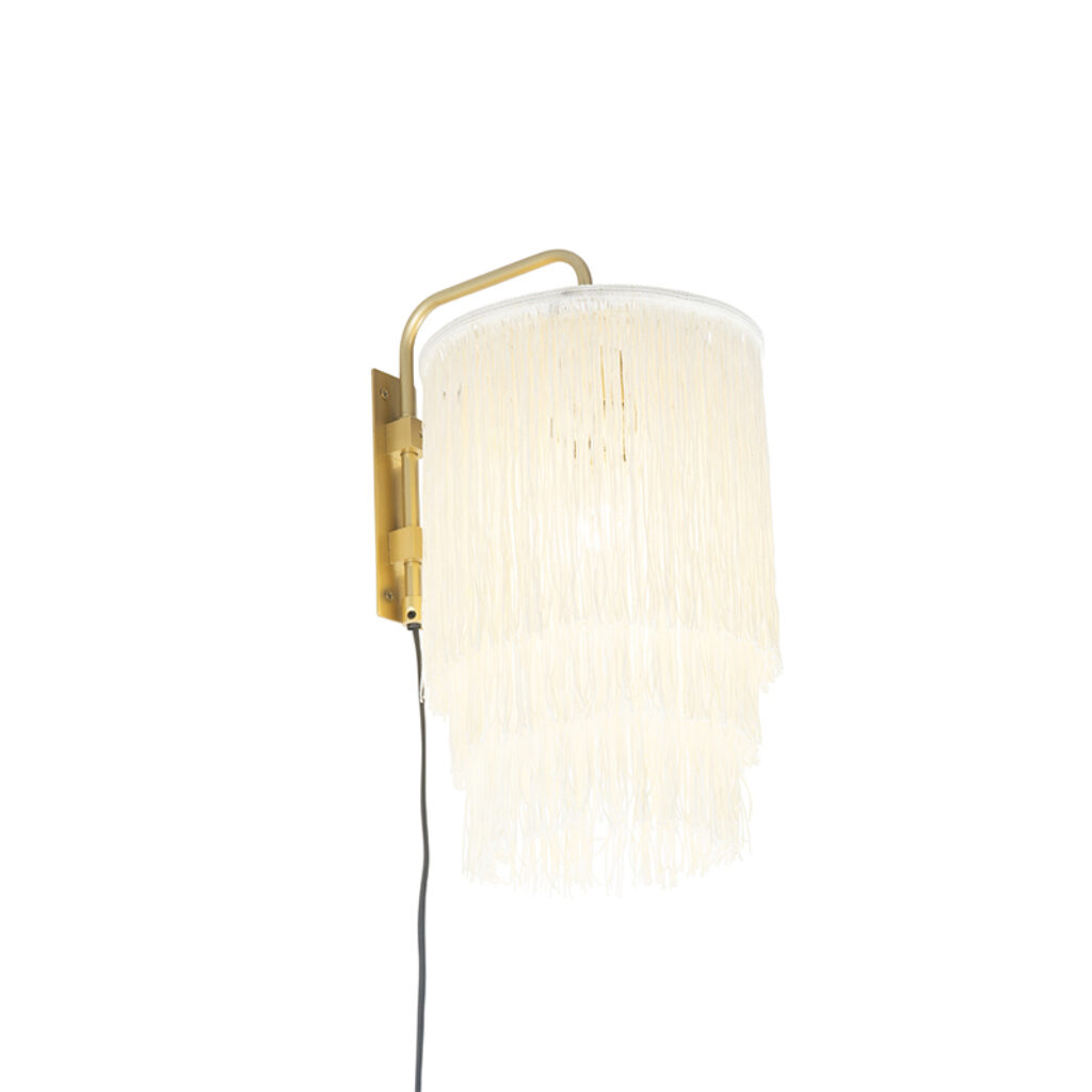 wandlampen Oosterse wandlamp goud kap met franjes Franxa StaalStof Je haalt een echte vibe in huis deze wandlamp. Deze lamp is afgewerkt gouden armatuur en