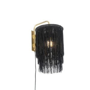 wandlampen Oosterse wandlamp goud zwarte kap met franjes Franxa StaalStof Zwart Je haalt een echte vibe in huis deze wandlamp. Deze lamp is afgewerkt gouden