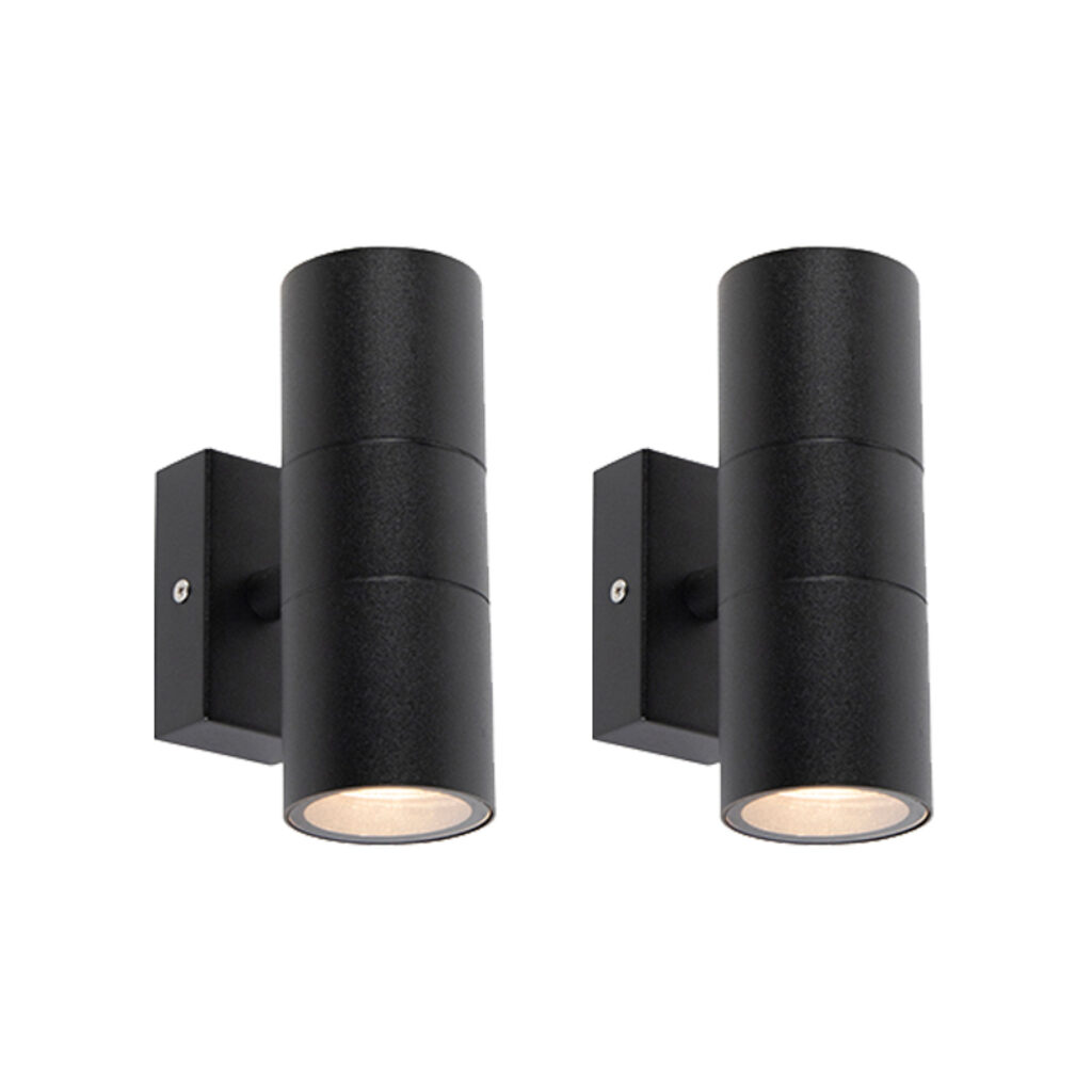 wandlampen Set van 2 buitenwandlampen zwart IP44 Duo Roestvrij staal Zwart Deze wandlamp is een super functionele buitenlamp met strakke vormgeving uitgevoerd