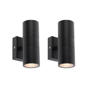 wandlampen Set van 2 buitenwandlampen zwart IP44 Duo Roestvrij staal Zwart Deze wandlamp is een super functionele buitenlamp met strakke vormgeving uitgevoerd