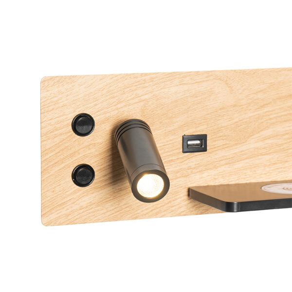 Set van 2 wandlamp zwart met hout incl. LED met USB en inductielader - Riza - Afbeelding 2