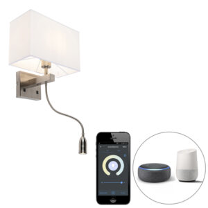 wandlampen Smart Wandlamp staal met kap creme wit incl. Wifi P45 Bergamo StaalStof Wit