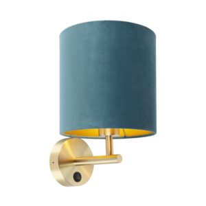 wandlampen Strakke wandlamp goud met blauwe velours kap Matt MetaalStof Blauw go Deze cilindervormige is perfect om je muur een vintage look te geven. Het maakt
