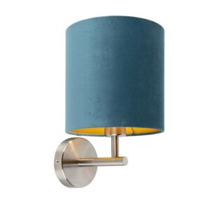 wandlampen Strakke wandlamp staal met blauwe velours kap Matt MetaalStof Blauw go Deze cilindervormige is perfect om je muur een vintage look te geven. Het