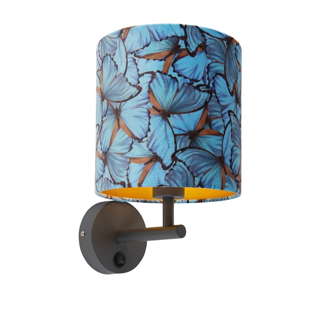 wandlampen Vintage wandlamp donkergrijs met velours kap vlinder Combi MetaalStof Blauw go Deze cilindervormige is perfect om je muur een vintage look te geven.