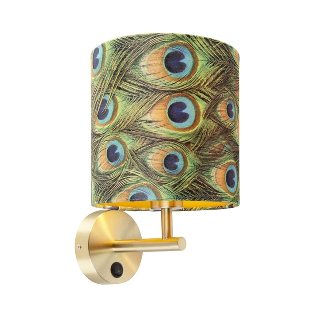 wandlampen Vintage wandlamp goud met kap velours pauw Combi MetaalStof Groen go Deze cilindervormige is perfect om je muur een vintage look te geven. De lamp