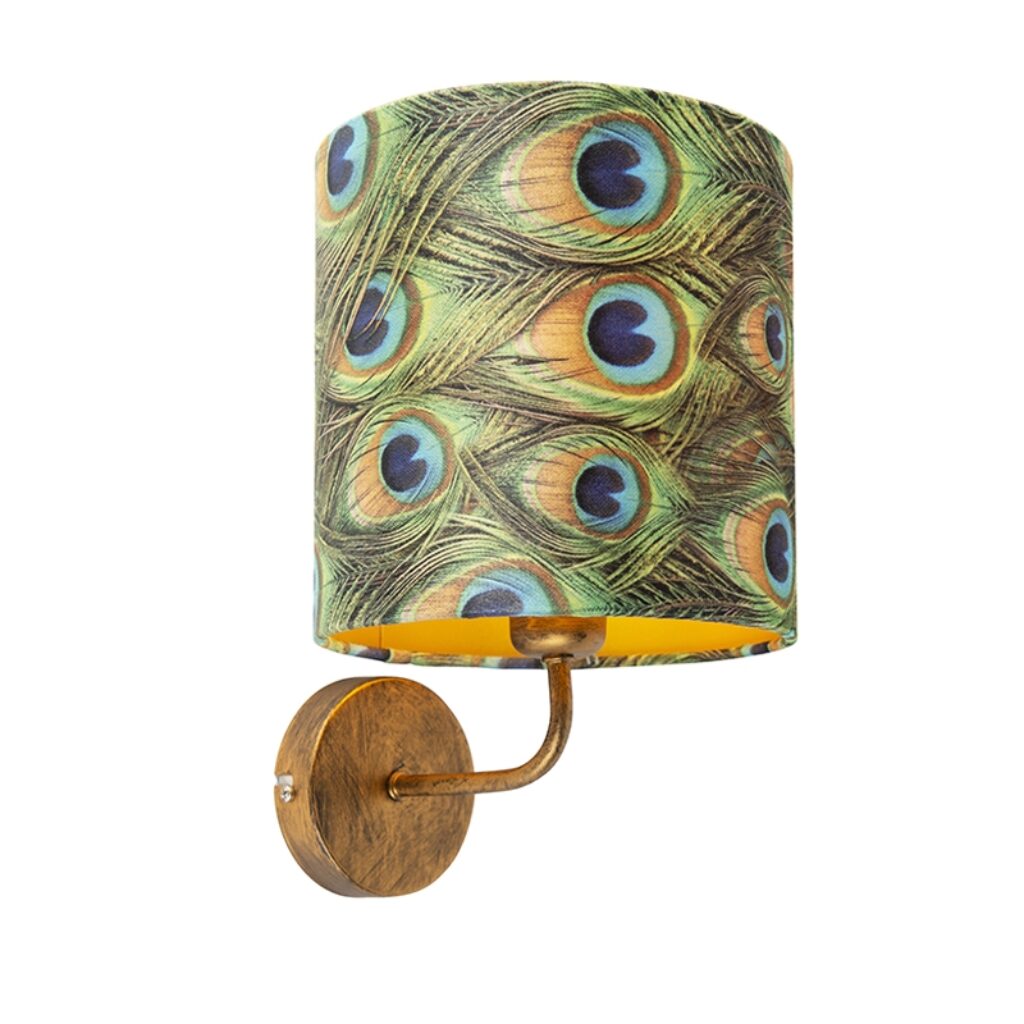 wandlampen Vintage wandlamp goud met kap velours pauw Matt MetaalStof go Deze cilindervormige is perfect om je muur een vintage look te geven. De lamp heeft
