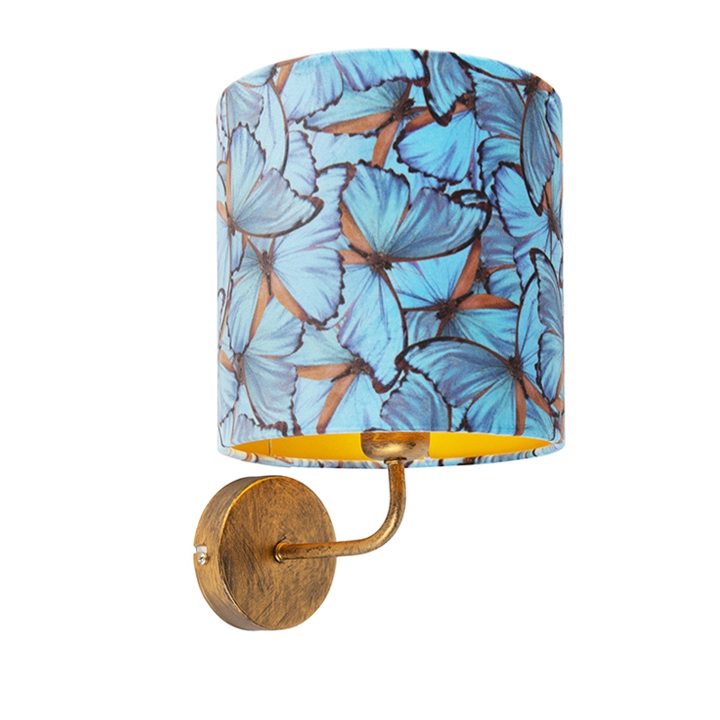 wandlampen Vintage wandlamp goud met vlinder velours kap Matt MetaalStof Blauw go Deze cilindervormige is perfect om je muur een vintage look te geven. Het