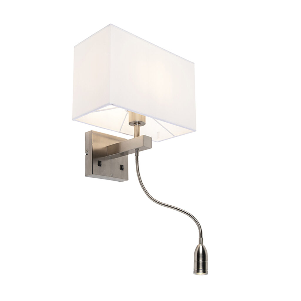 wandlampen Wandlamp Bergamo staal met kap creme wit StofStaal Wit Een sfeervolle tijdloze wandlamp. Deze hoort volledig thuis in jouw moderne woonkamer of
