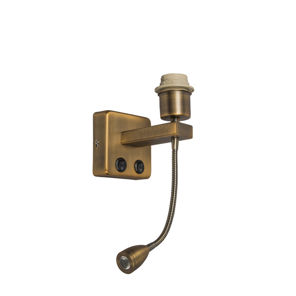 wandlampen Wandlamp brons incl. LED met leesarm Brescia Combi Staal Brons Stijlvolle wandlamp in zonder kap een dubbele functie. Met de schakelaars kan je