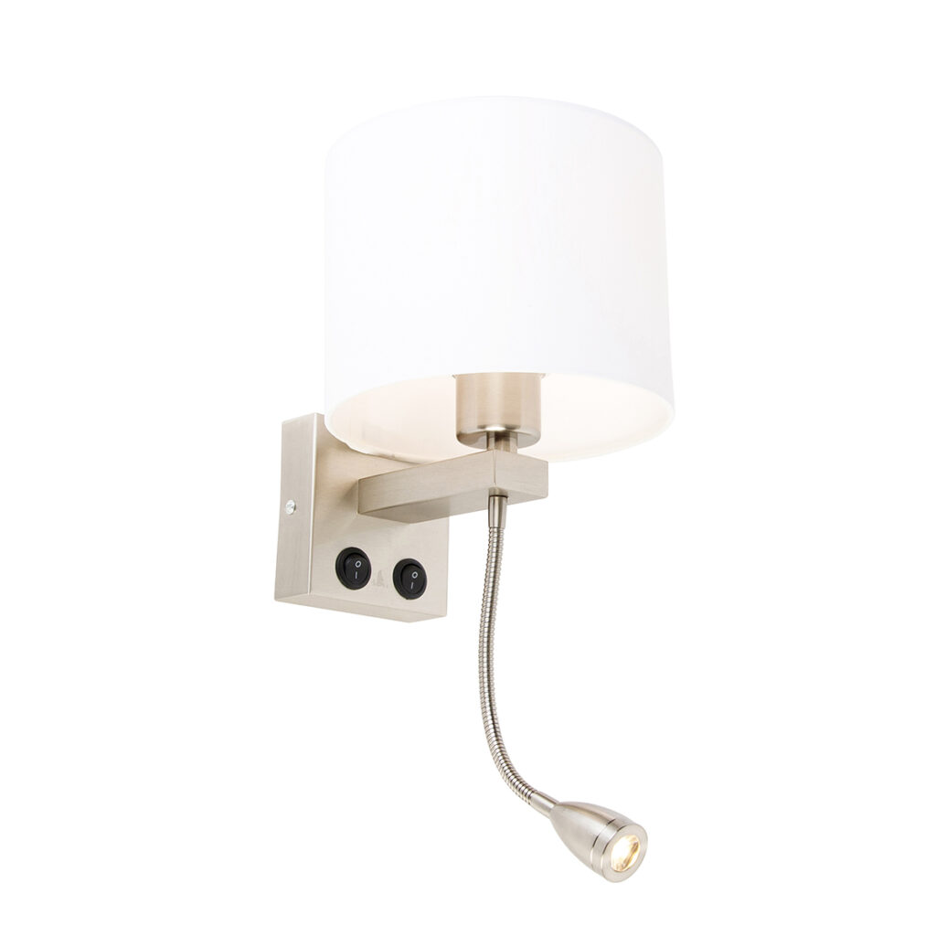 wandlampen Wandlamp staal met flexarm en kap wit 18 cm Brescia Combi StaalStof Staal
